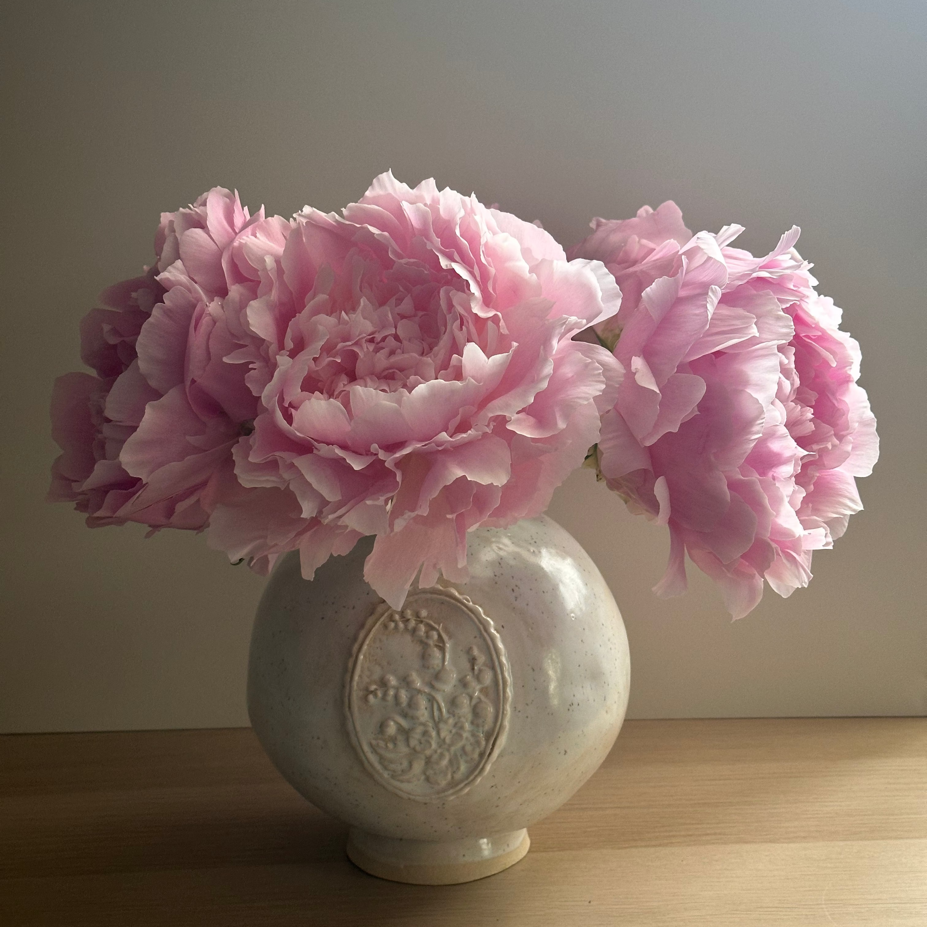N H Ceramics handmade stoneware vase with pink flowers