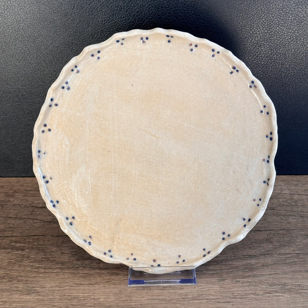 Ceramic Stoneware plate with scalloped handmade rim and blue dots decorative detail