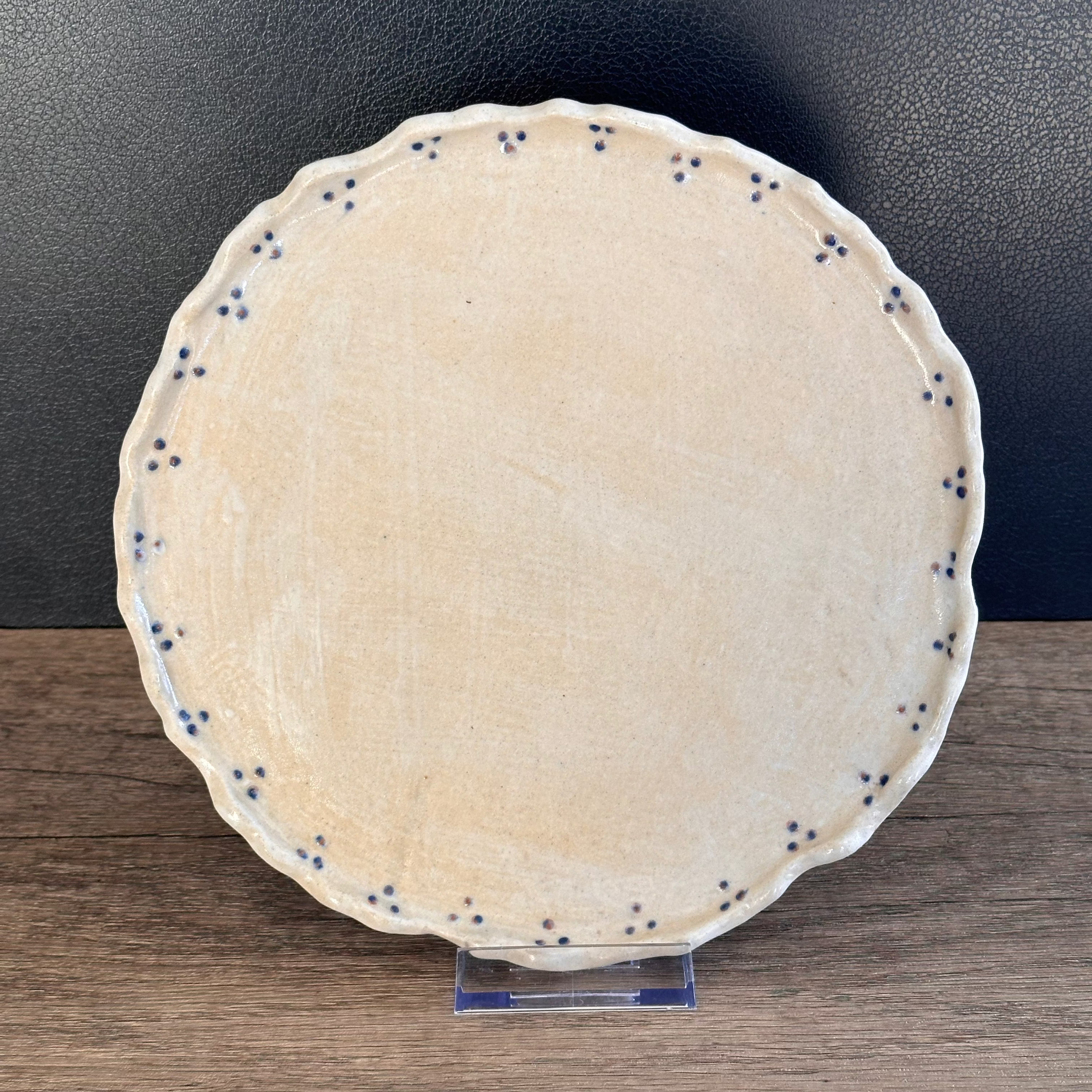 Ceramic Stoneware plate with scalloped handmade rim and blue dots decorative detail