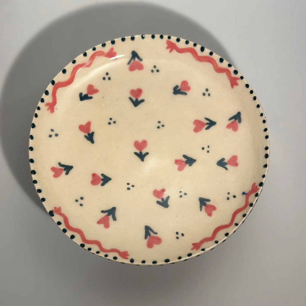 Floral Hearts Squiggle plate- handmade artisan ceramic plate with decorative pink and green floral hearts